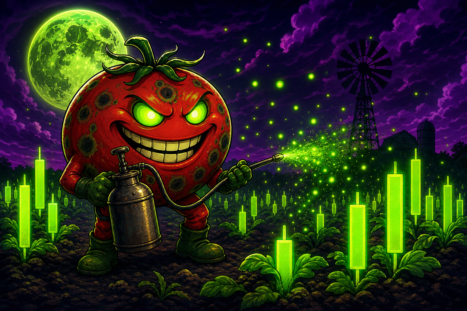 Solani the Blight spraying green candles across the farm
